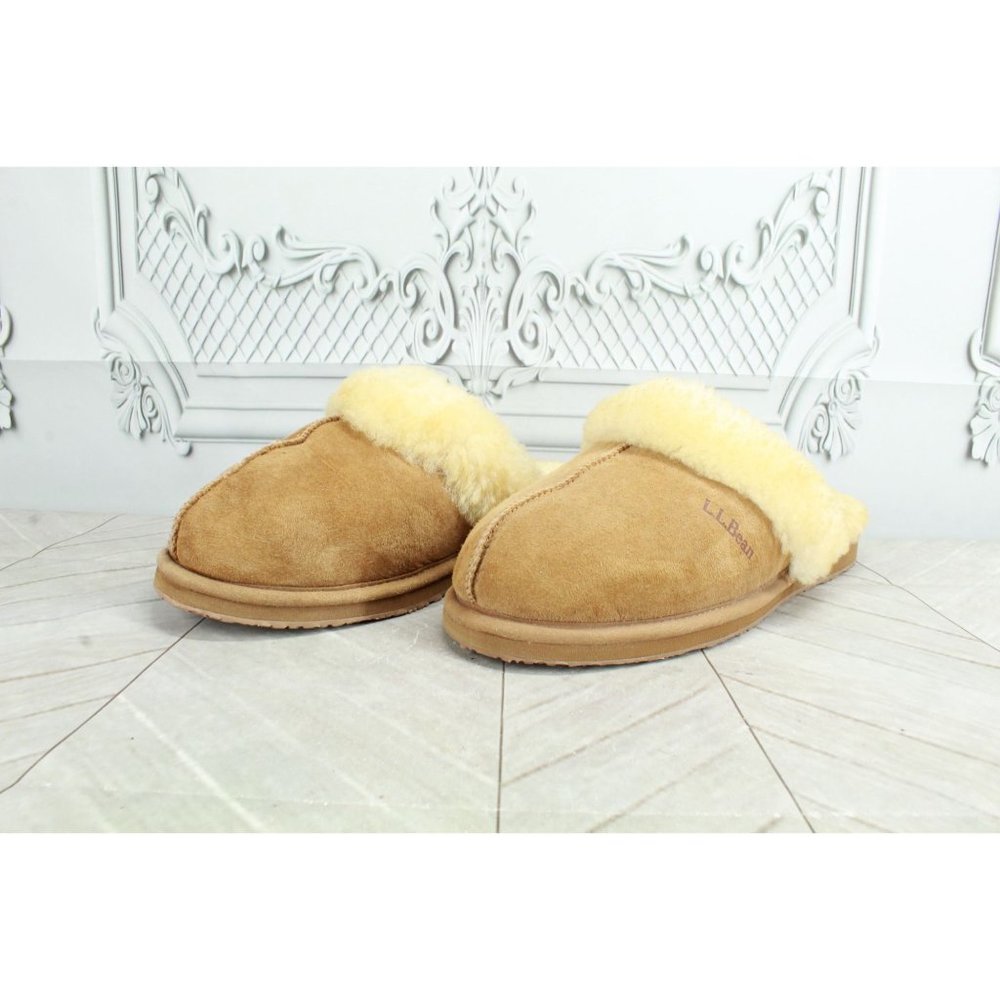 LL Bean Brown Leather Wicked Good Shearling-Lined Slides Slippers 9 M - Picture 2 of 9